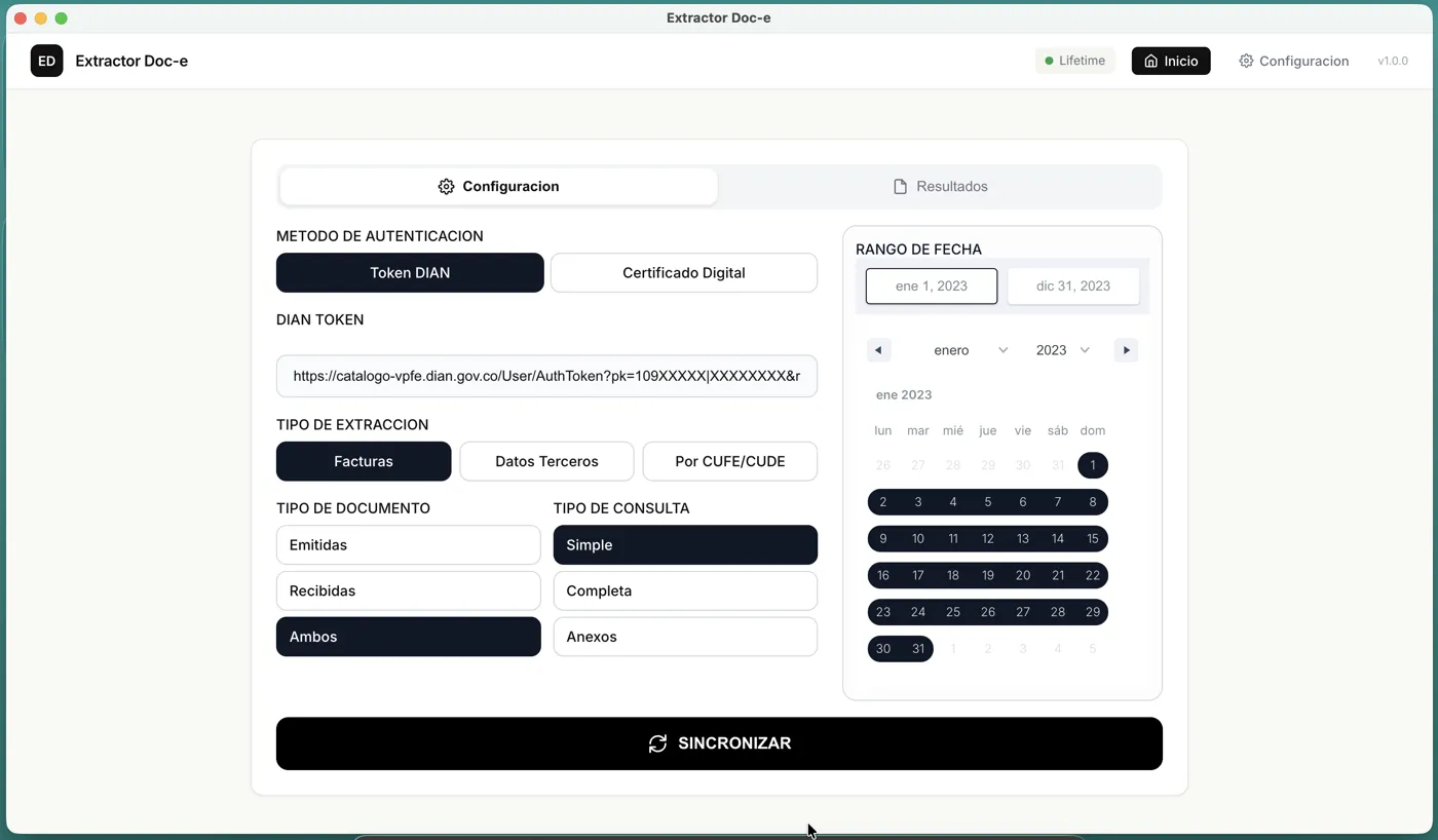 Configuración de Extractor Doc-e: conexión con la DIAN y bóveda cifrada de certificados digitales .p12/.pfx