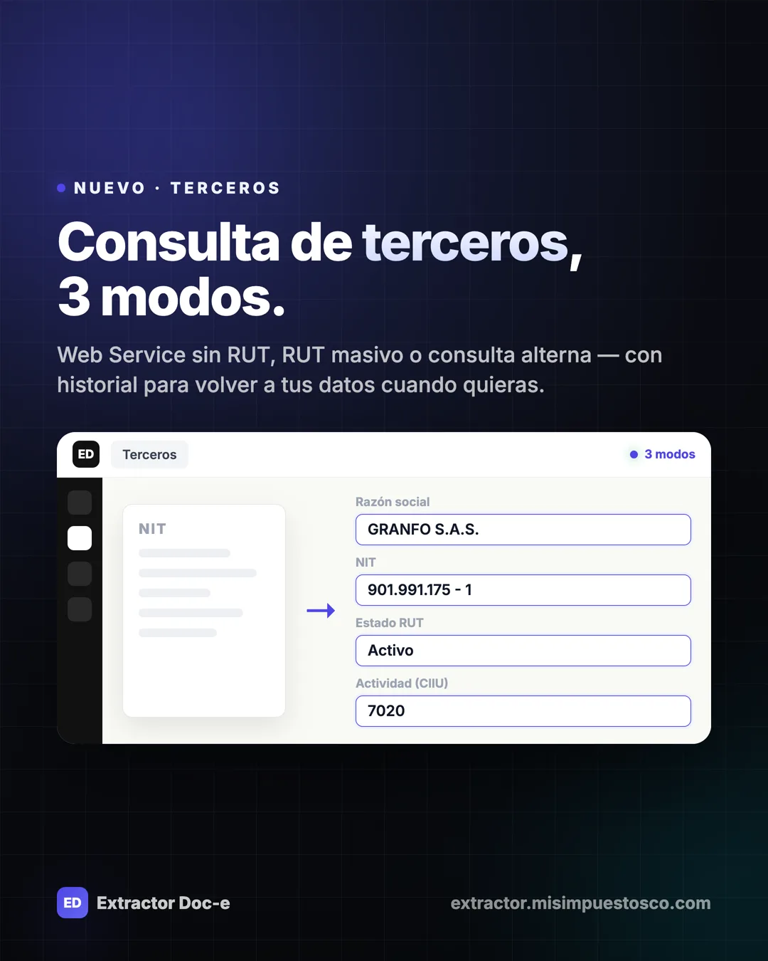 Extractor Doc-e — slide 3: descarga masiva DIAN, análisis, RADIAN y contabilización