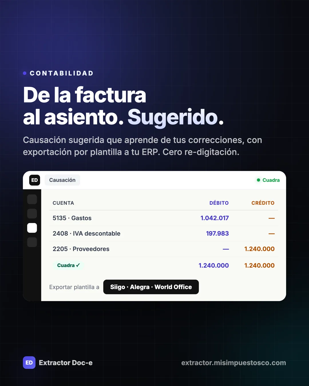 Extractor Doc-e — slide 4: descarga masiva DIAN, análisis, RADIAN y contabilización