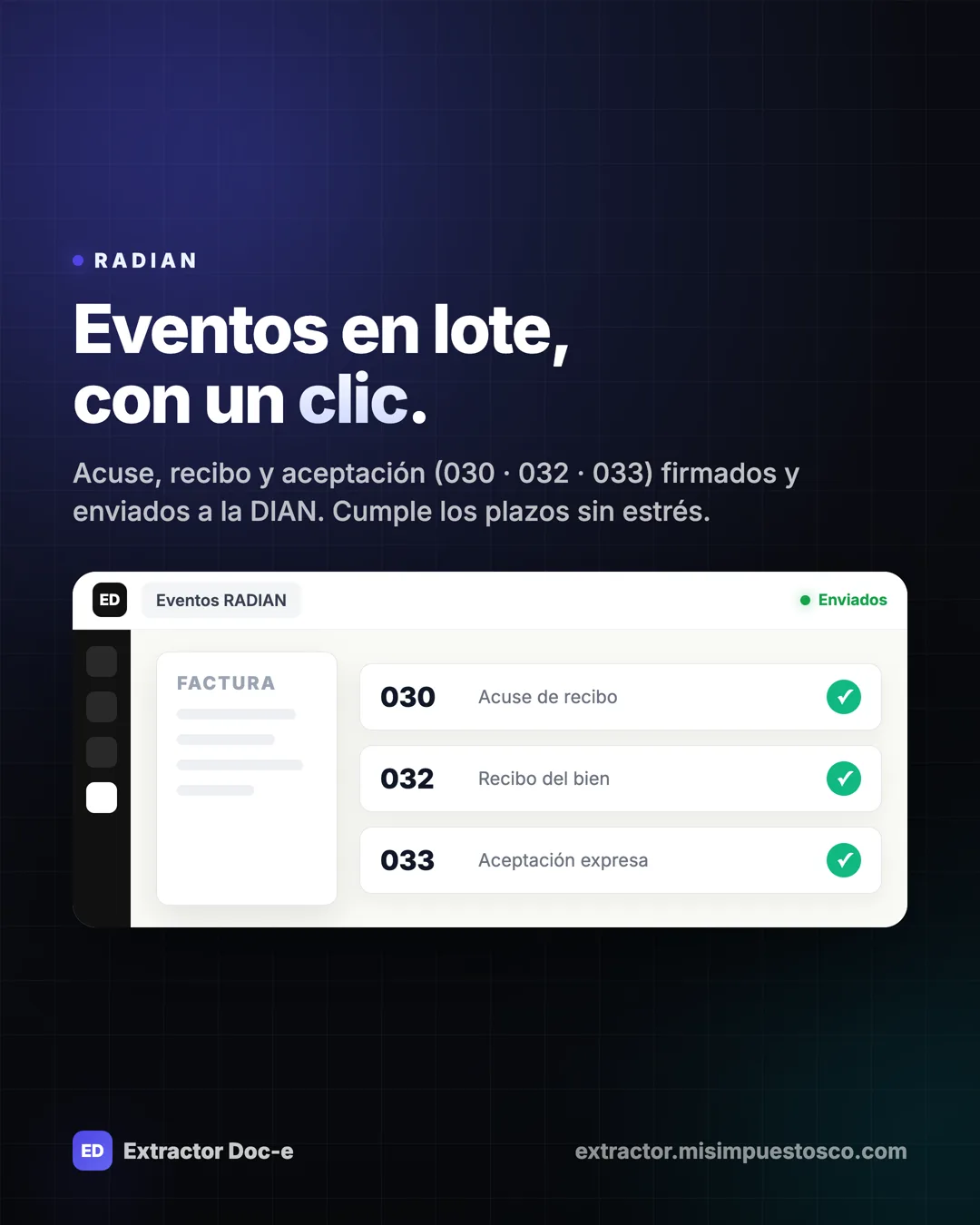 Extractor Doc-e — slide 5: descarga masiva DIAN, análisis, RADIAN y contabilización